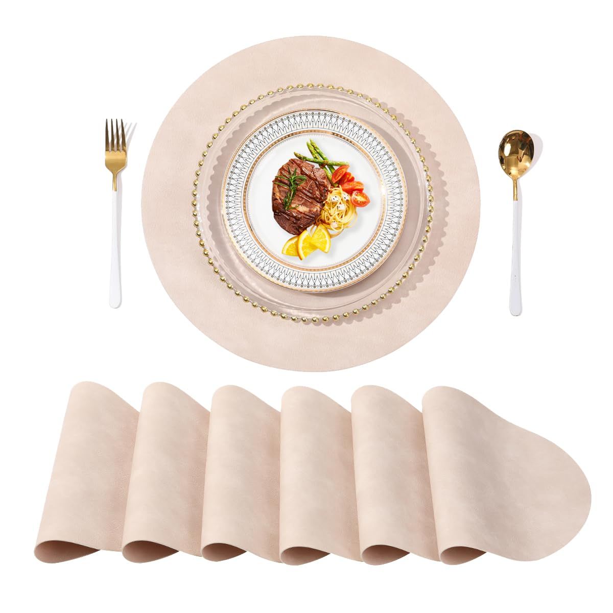 淳一屋 直径38cm大きいサイズ 円形ランチョンマット シンプル 高質PUレザー 柔軟 贅沢 家庭用 レストラン用 丸洗いOK 断熱 滑り止め 撥水 防汚 清潔しやすい 華やか 飾り 直径 38cm 6枚セット オフホワイト