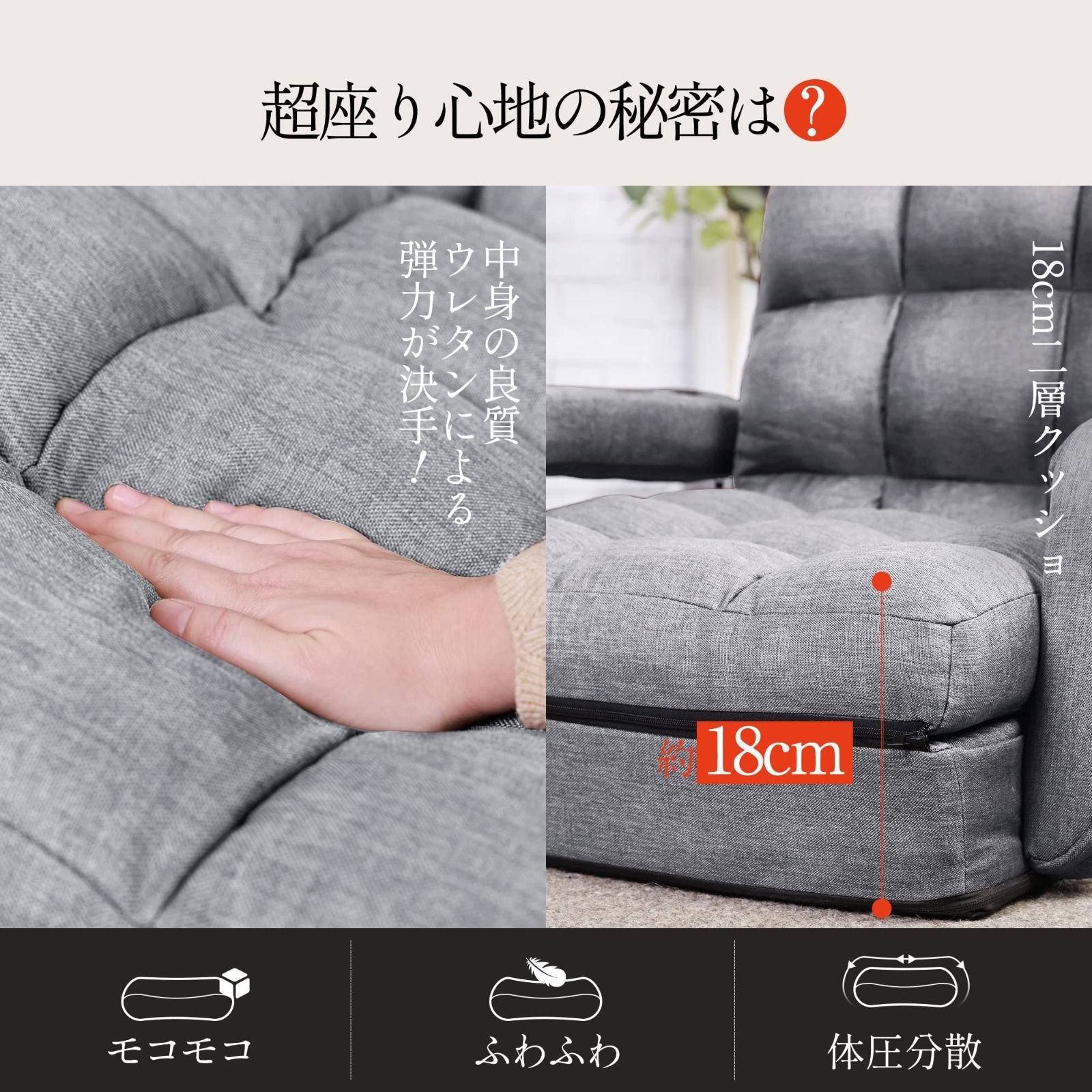 新着商品 肘掛け連動 ふあふあ 42段階リクライニング フロアチェア 肘置き 静電気防止 ハイバック ひじ掛け付き 幅47cm 肘掛け 座椅子 グレー WLIVE