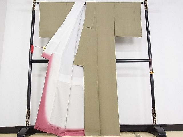 平和屋-こころ店□極上 江戸小紋 万筋 白橡色×海松色 着丈163cm 裄丈