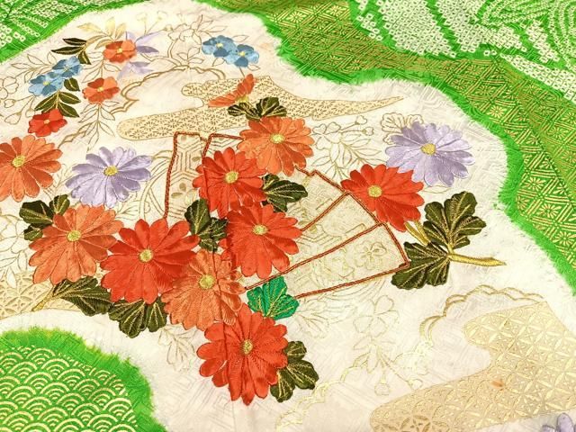 平和屋着物□豪華振袖 駒刺繍 絞り 霞扇面花文 金彩 正絹 逸品