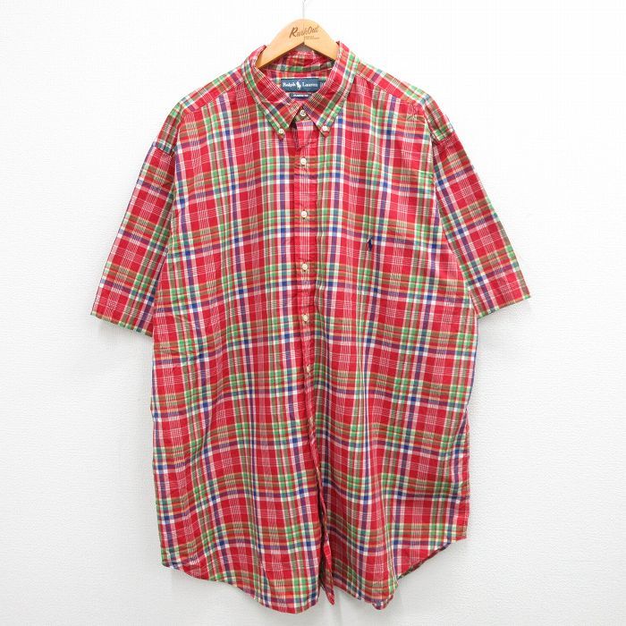 XL/古着 ラルフローレン 半袖 ブランド シャツ メンズ 90s ワンポイントロゴ 大きいサイズ ロング丈 コットン ボタンダウン 赤他 レッド チ