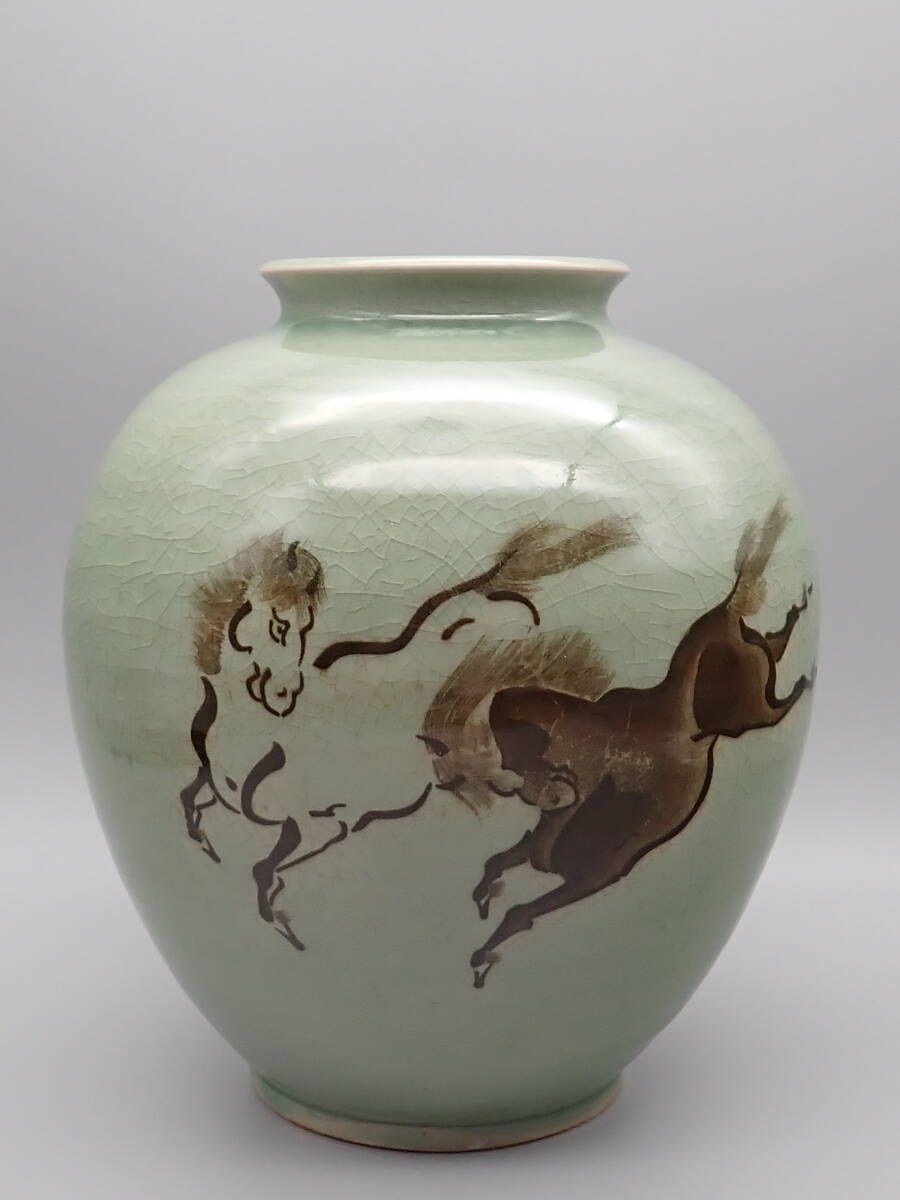 多色陶器花瓶 馬と武士のデザイン 陶器 花瓶 14.0×14.0×高さ29.0cm 信楽焼 日本製 壺 和風