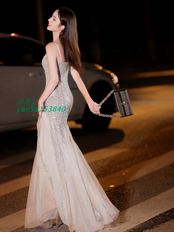 マーメイドドレス 大人 ピアノ 発表会 ロングドレス 小さいサイズ 演奏会 キラキラ ホルターネック 結婚式 yan5a153840