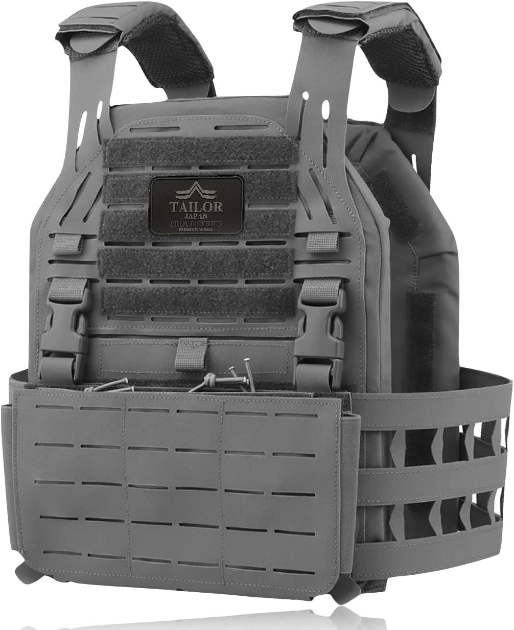 [TAILOR JAPAN] 実物ナイロン 軽量 プレートキャリア タクティカルベスト サバゲーベスト マグポーチ付き レーザーカット MOLLE プラウドシリーズ プレミアムモデル (ウルフグレー)