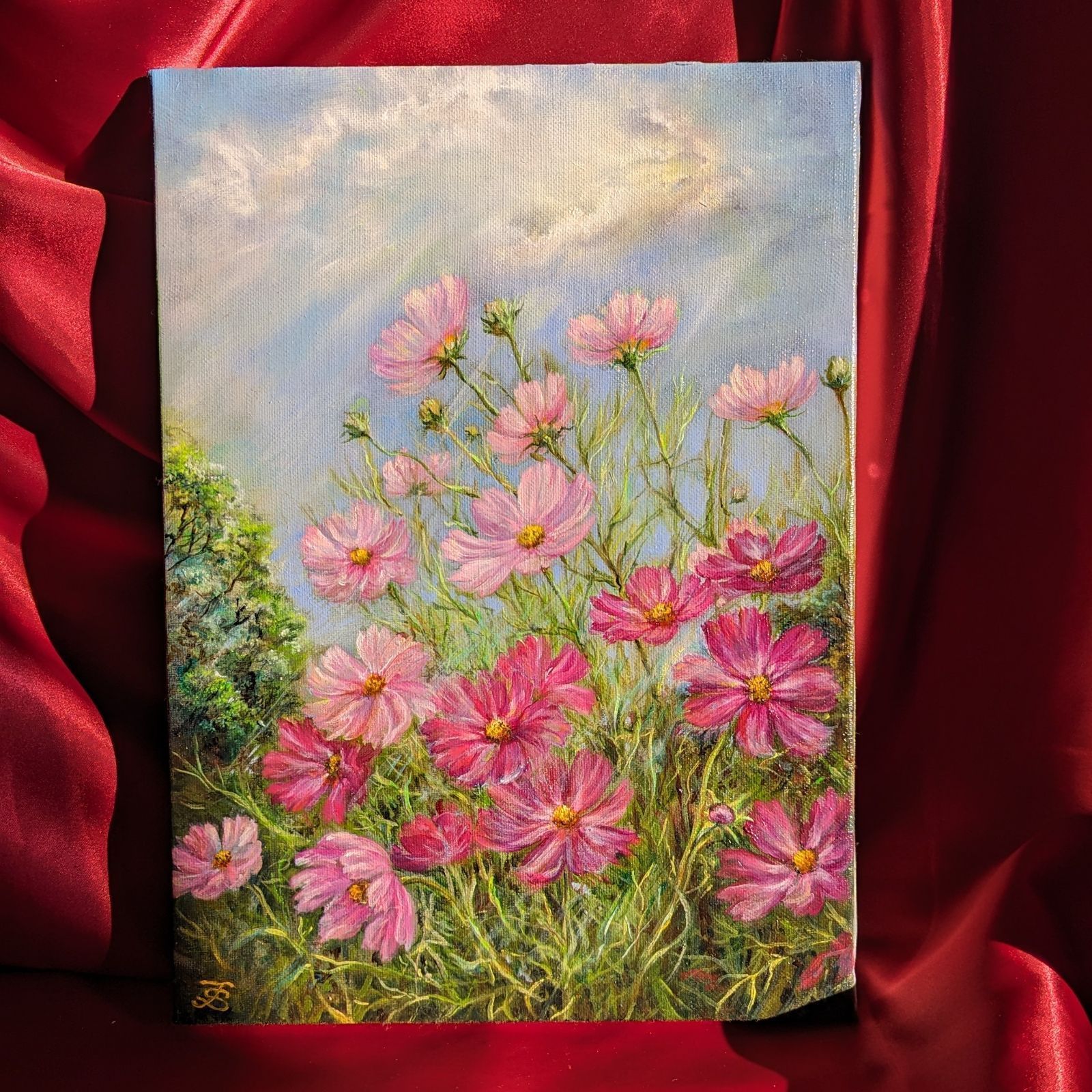 コスモス風景画 painterTMK真筆 「光が舞い降りて…」花の風景画 肉筆 