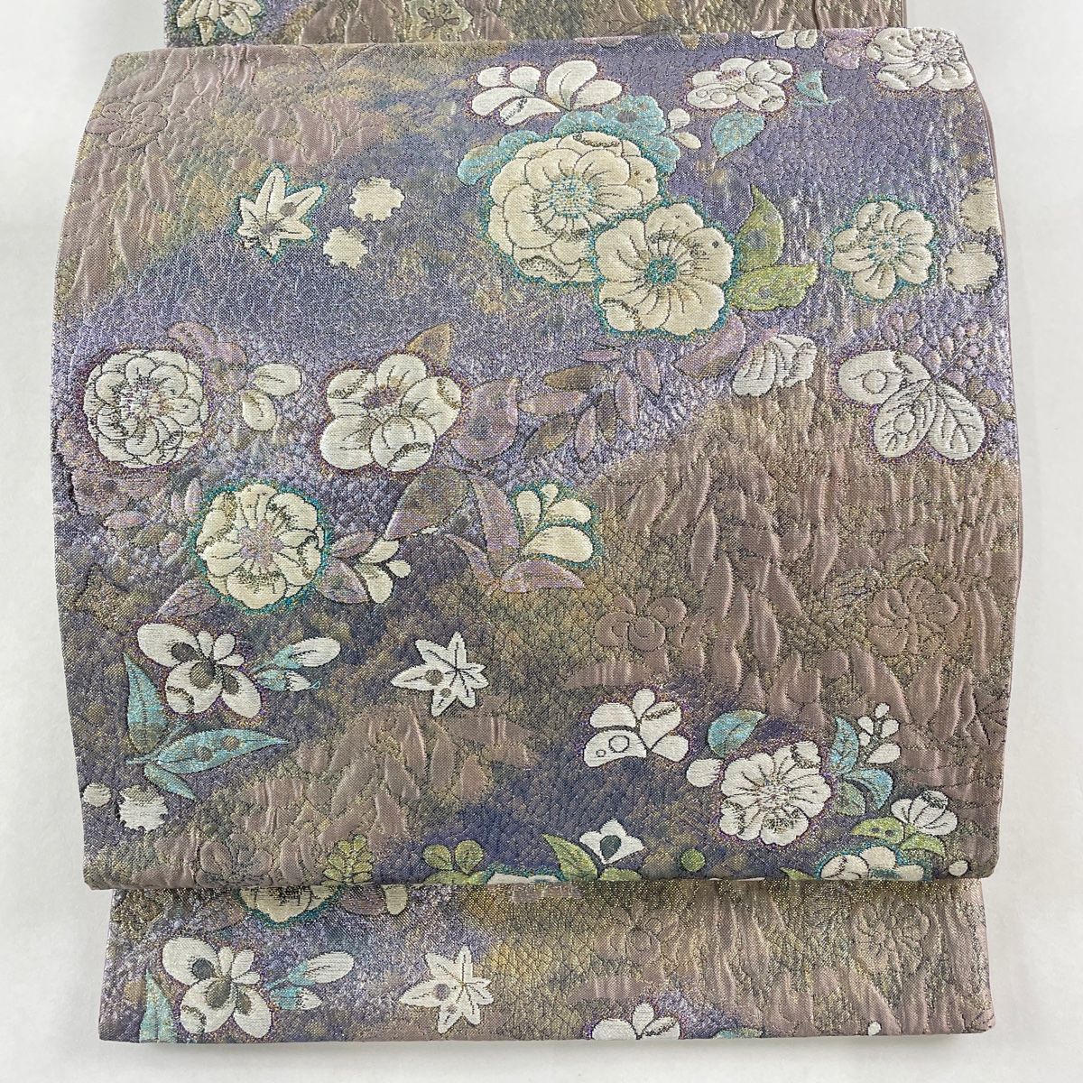 袋帯 秀品 やまと 草花 箔 金銀糸 灰紫 六通 正絹