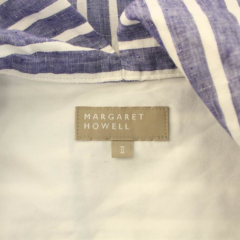 マーガレットハウエル MARGARET HOWELL WIDE STRIPE LINEN ワイドストライプリネン シャツワンピース ミモレ ロング  七分袖 ビックカラー 2 M 青 ブルー 白 ホワイト 578-2157002 /BB