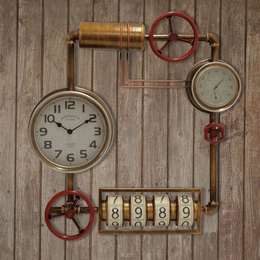 Steampunk ウォールクロック ホワイト withダイアル スチームパンク 掛け時計 スチーム管 スチームメーター