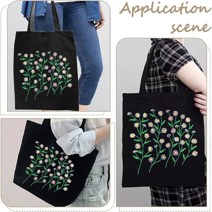 WADORN | DIY 花柄 バッグ キャンバストートバッグ キャンバス キット 刺繍 DIY刺繍キャンバスバッグキット、花柄入りブラック com: 刺繍キット Embroidery Bag Tote バッグ刺繍キット