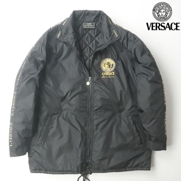 美品 A.VERSACE アルフレッド・ヴェルサーチ ナイロン 撥水 メデューサ刺繍 中綿入り スポーツコート 黒 ブラック L