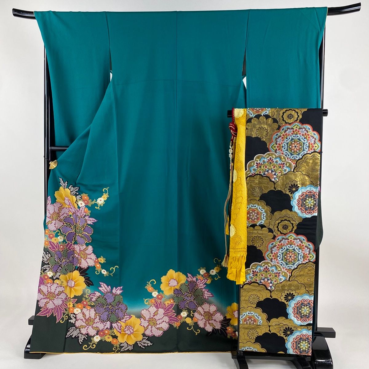振り袖　セット　深緑　金彩加工　刺繍入り　長尺袋帯　小物付　366 振袖 身丈170.5cm 裄丈69cm L 袷 袋帯フルセット 牡丹 菊 金糸