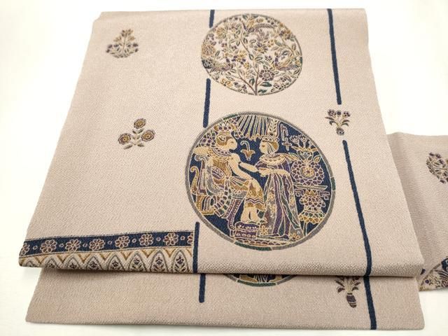 平和屋着物○九寸名古屋帯 人物花鳥文 鬼しぼ縮緬 正絹 逸品