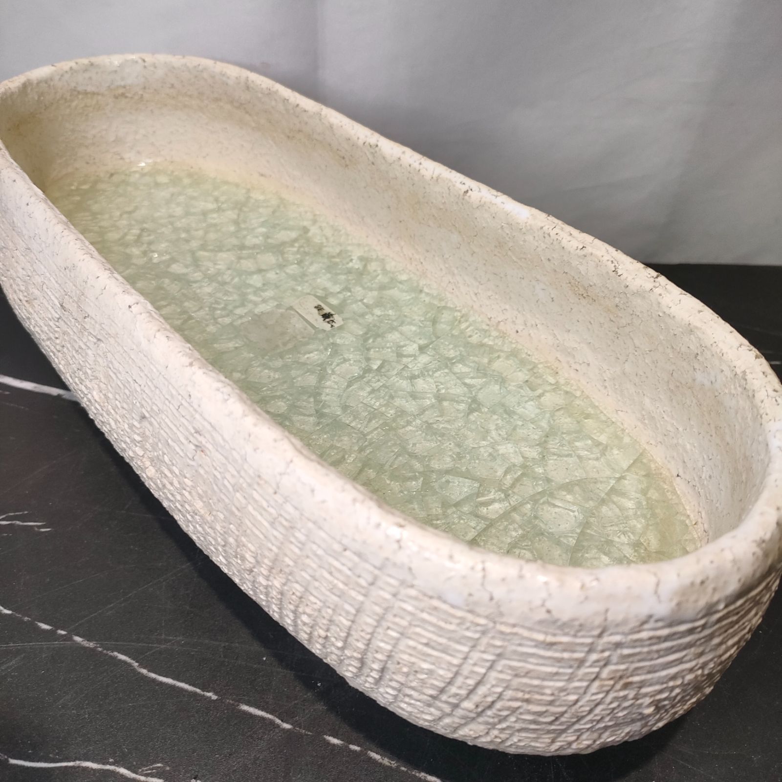 A 【美品・レア】楕円 花器 花瓶 華道 ガラス 変形 高台 足つき 陶器 