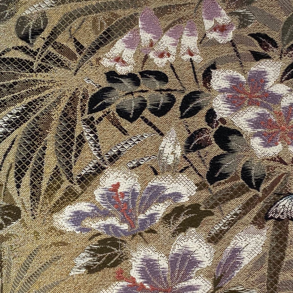 付け帯 秀品 作り帯 やまと 草花 鳥 刺繍 箔 薄茶色 正絹