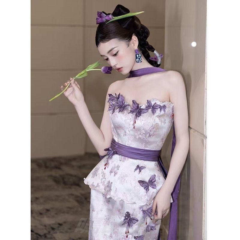 レディース 紫色 抹胸 ロングドレス 晨袍風 敬酒服 XS-3XL 結婚式 成人式 パーティー 感 小衆デザインWPまとめ買い割引103