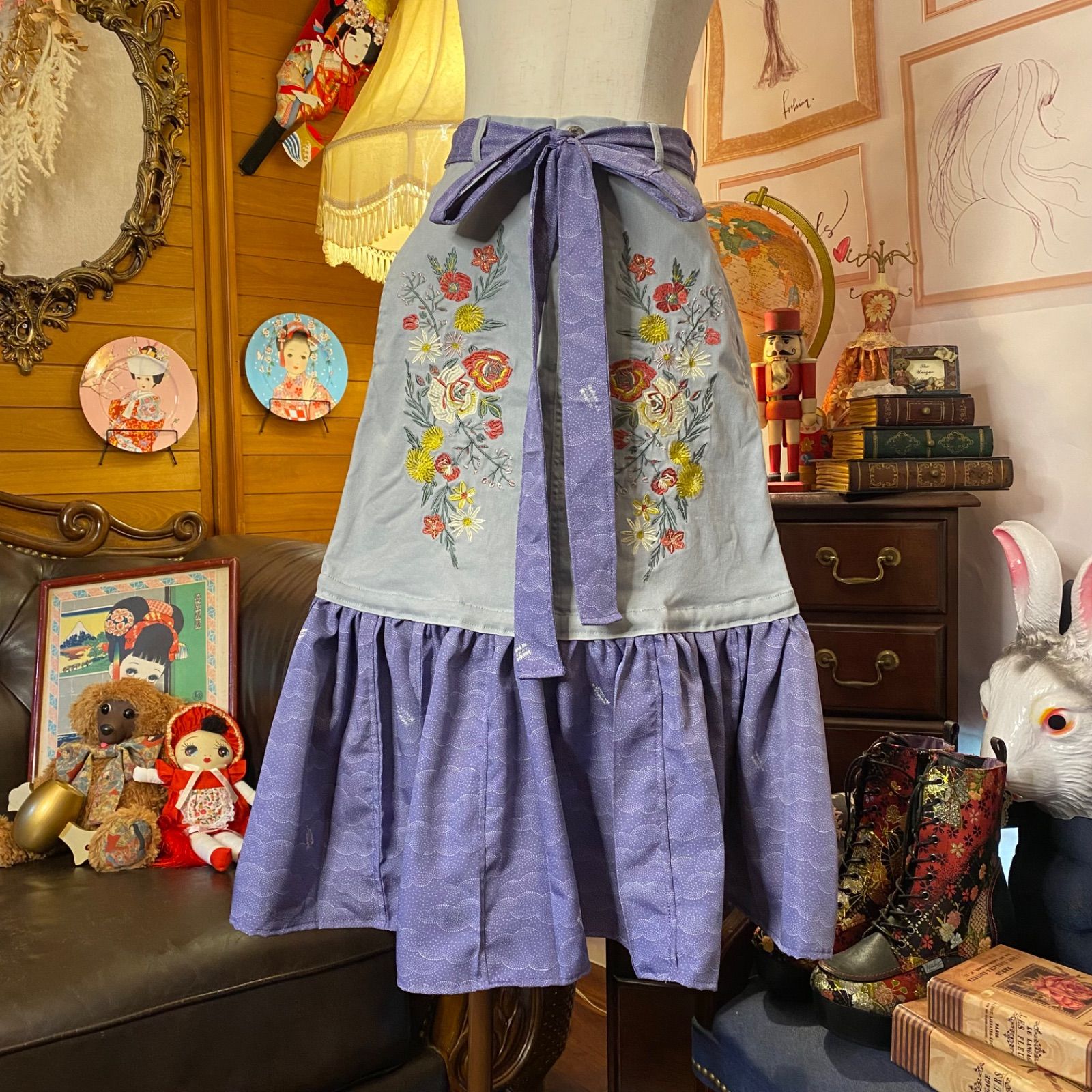 和洋折衷 着物 リメイク ロングスカート コラージュ パッチワーク 刺繍 
