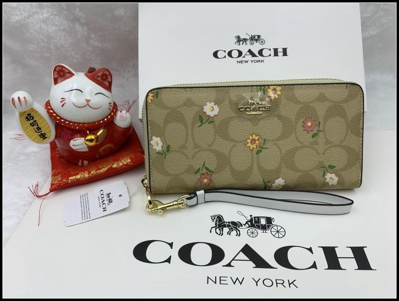 COACH 長財布 コーチ 財布 レディース アウトレット PVCコーティングキャンバス×レザー フラワープリント ライトカーキマルチ シグネチャー アコーディオン ウォレット ジップ ファッション 新品 未使用 CH360 A175Z-X1