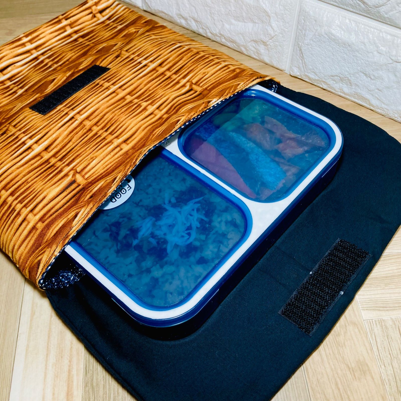 お弁当袋 ハンドメイド 保冷 保冷バッグ ランチバッグ 黒×バスケット柄 