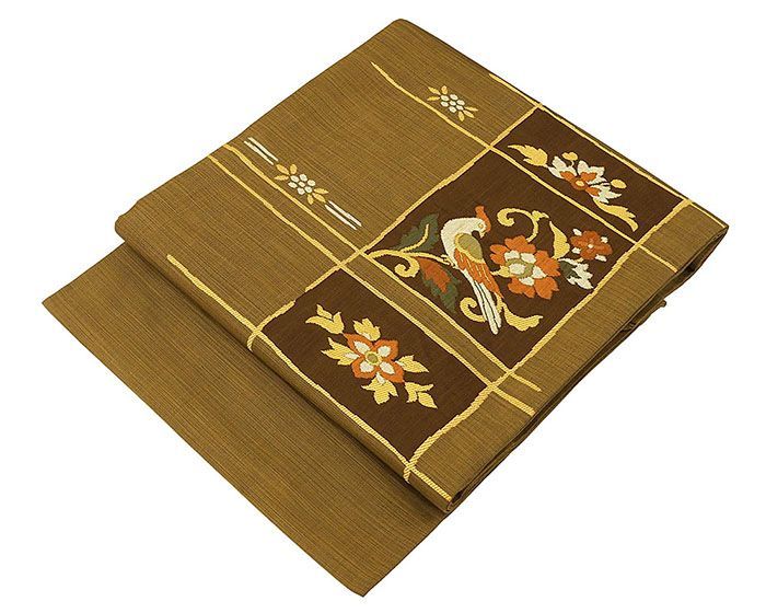 正絹　名古屋帯【花唐草　ドット】No2787 名古屋帯 正絹 唐花 鳥 良品 リサイクル 中古 カジュアル 着物