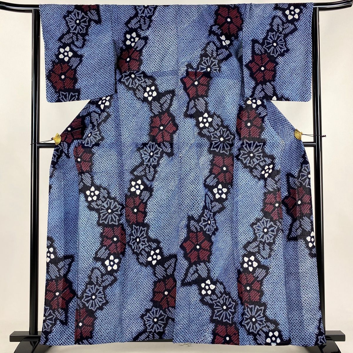 浴衣 身丈161.5cm 裄丈64cm M 絞り浴衣 草花 藍色 綿 名品 【】