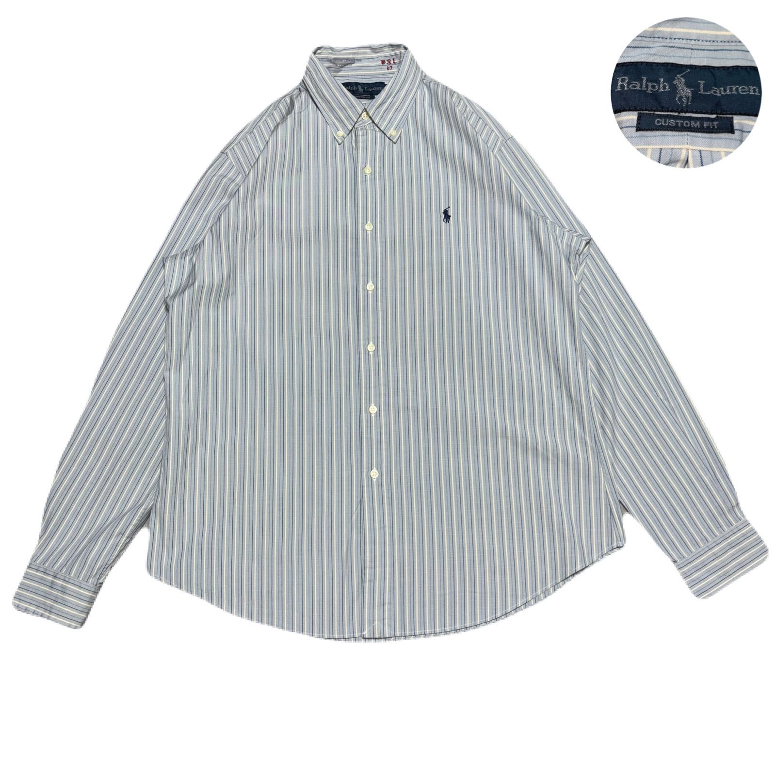 RalphLauren ラルフローレン CustomFit カスタムフィット BDシャツ ボタンダウン StripedPattern ストライプ柄 EmbroideredLogo 刺繍ロゴ Cotton コットン Blue ブルー 青 L