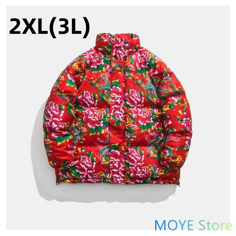 ダウンジャケット メンズ レディース ブルゾン 花柄 厚手 コート 男女兼用 保温 防寒 レッド 2XL(3L)