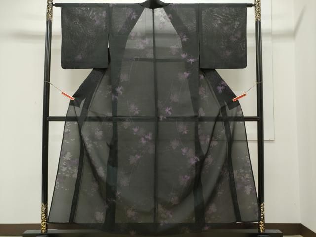 平和屋着物▽小紋 単衣 草花文 黒地 洗える着物 AAAU8661fy