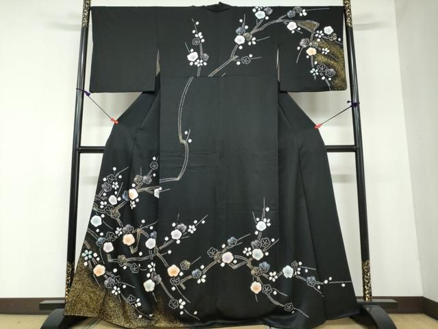 平和屋着物●訪問着　駒刺繍　絞り　枝梅文　黒地　金彩　正絹　逸品　DAAW5774ud 平和屋着物○訪問着 駒刺繍 絞り 枝梅文 黒地 金彩 正絹 逸品