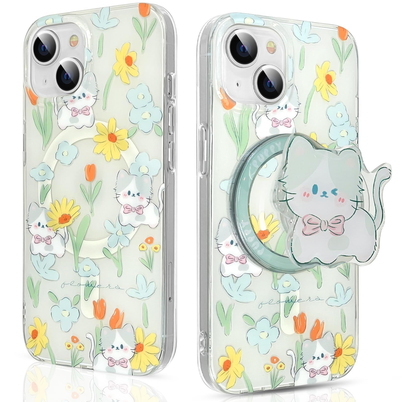 【人気商品】花の柄 スマホグリップ 猫 スタンド機能 かわいい 可愛い ブラケット 猫型ブラケット 韓国 MagSafe対応 耐衝撃 落下防止 ケース ワイヤレス充電対応 薄型 用 ソフト 軽量 すり傷防