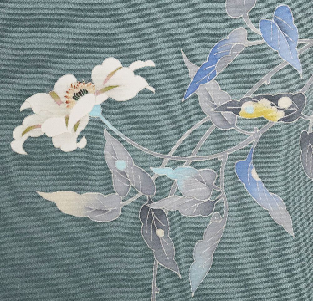 柿本市郎　加賀友禅作家　本人が描いたサイン入り色紙　真作　汚れ傷あり 本加賀友禅 柿本市郎氏作 訪問着 袷 正絹 緑 手描き友禅 花柄 SS