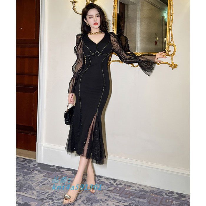 Vネック胸元 シースルー長袖 ロングタイトドレスワンピース 黒 結婚式 お呼ばれ 韓国 パーティー レディース kni4a591361