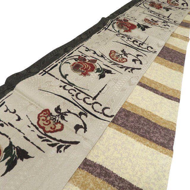袋帯 中古 正絹 全通 花模様 地模様 割付文様 亜麻色 多色 A1146