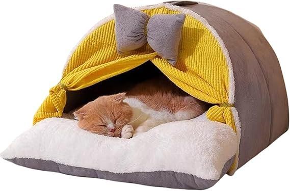 【在庫処分】Qztuory猫ベッド 猫ハウス 冬用 ペットベッド 冬 ドーム 暖かい ふわふわ ラウンド型 犬 ベッド ドーム ハウス カーテンつき ペットクッション ペットマット ペットソファ 厚い (