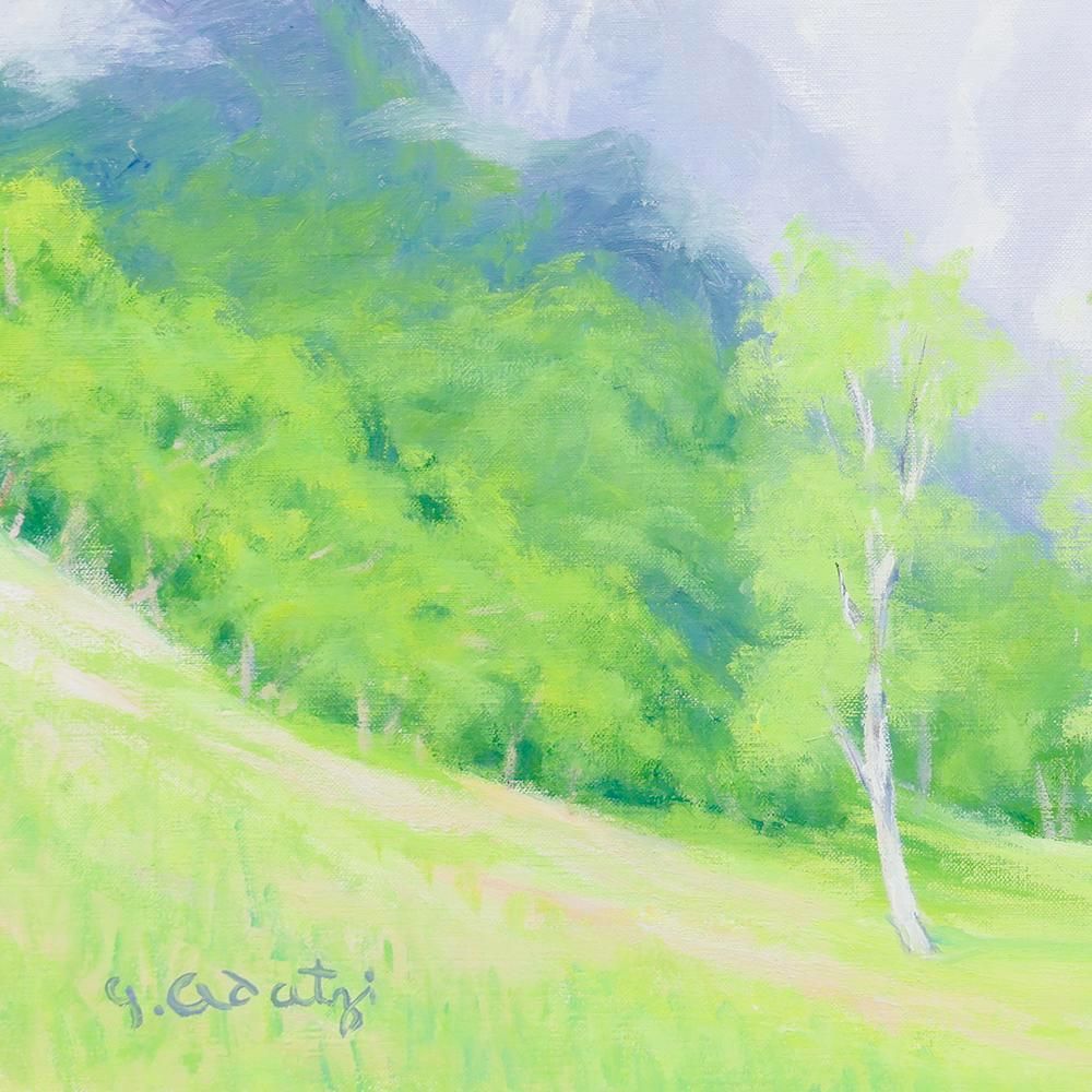 真作】【WISH】足立源一郎「初夏の髙原」油彩 8号 ◇白樺揺れる