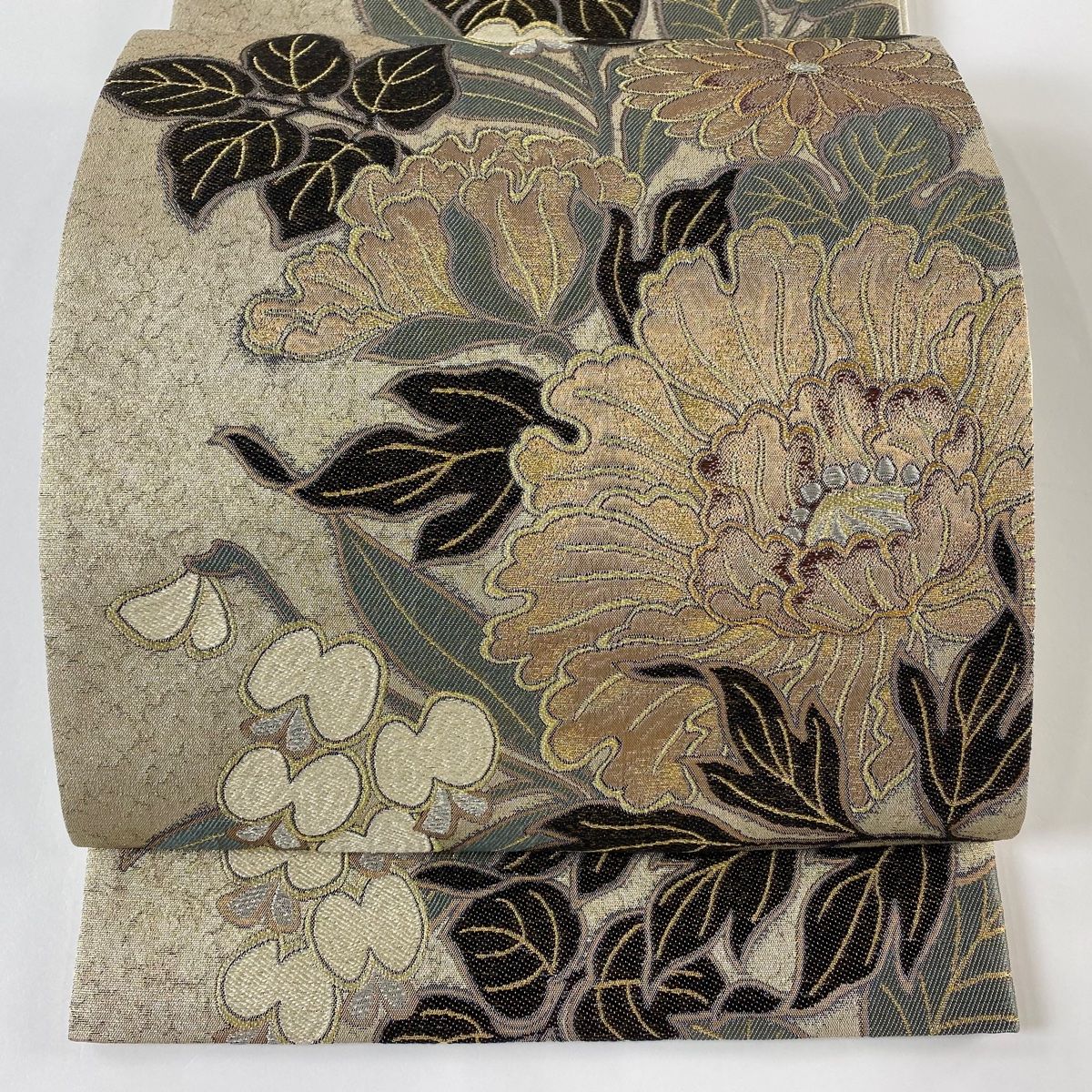 花井幸子　干支　袋帯 袋帯 美品 名品 花井幸子 落款 草花 金銀糸 箔 薄茶色 六通 正絹