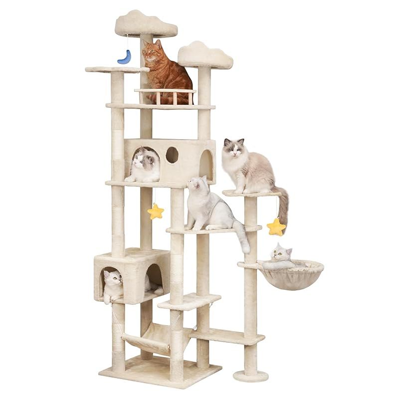 Meecal キャットタワー 大型猫用 猫タワー 多頭飼い 雲型い猫 ベッド 猫 ハウス 広いハンモック 天然サイザル麻爪研ぎポール 見晴らし台 ぬいぐるみ キャット タワー 人気 おもちゃ 可愛 据え置き 転倒防止 運動不足解消 - 高さ215cm ベー 1