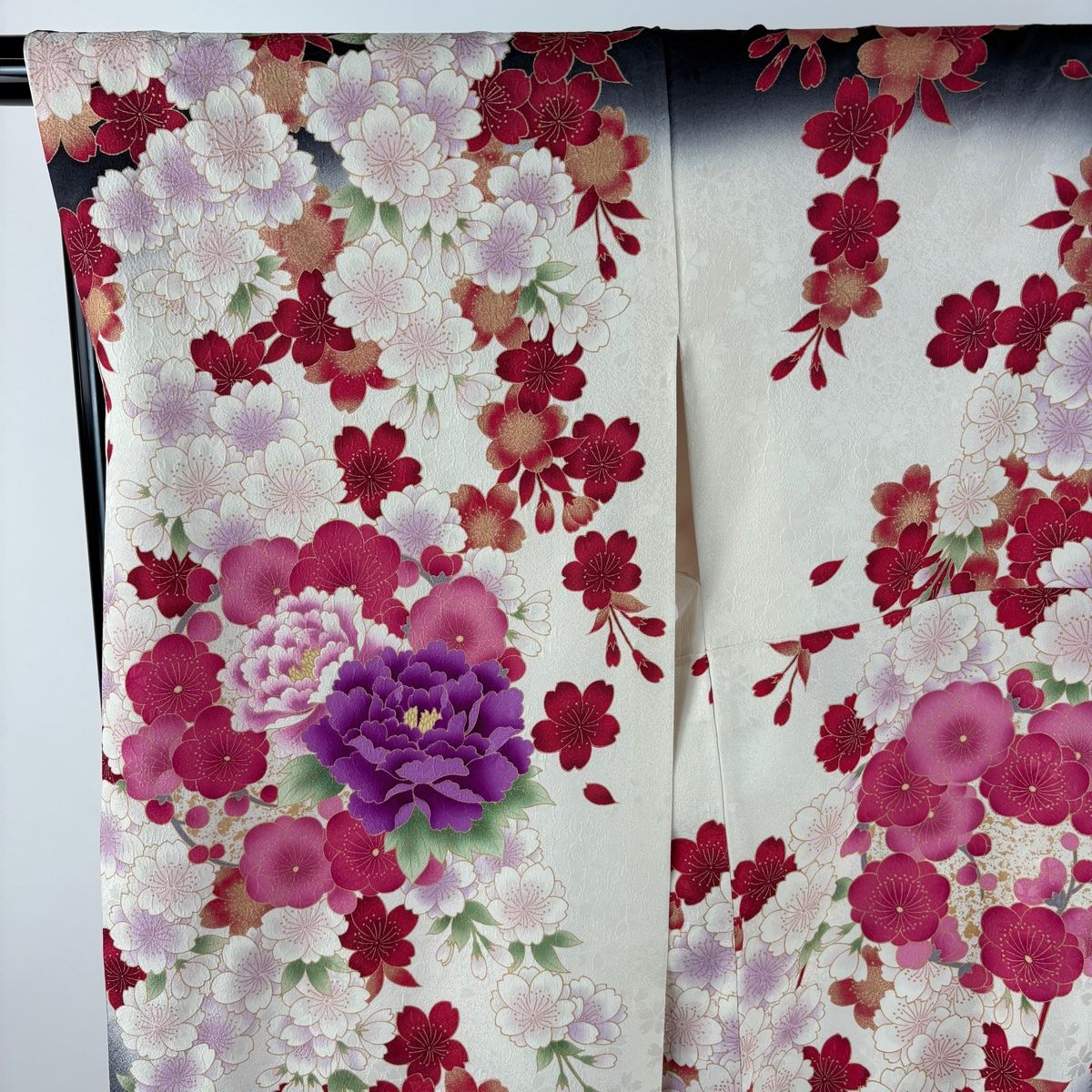 豪華　振袖　正絹　単品　クリーム地　美品155 平和屋着物□豪華振袖 駒刺繍 扇面花鳥文 金彩 正絹 逸品