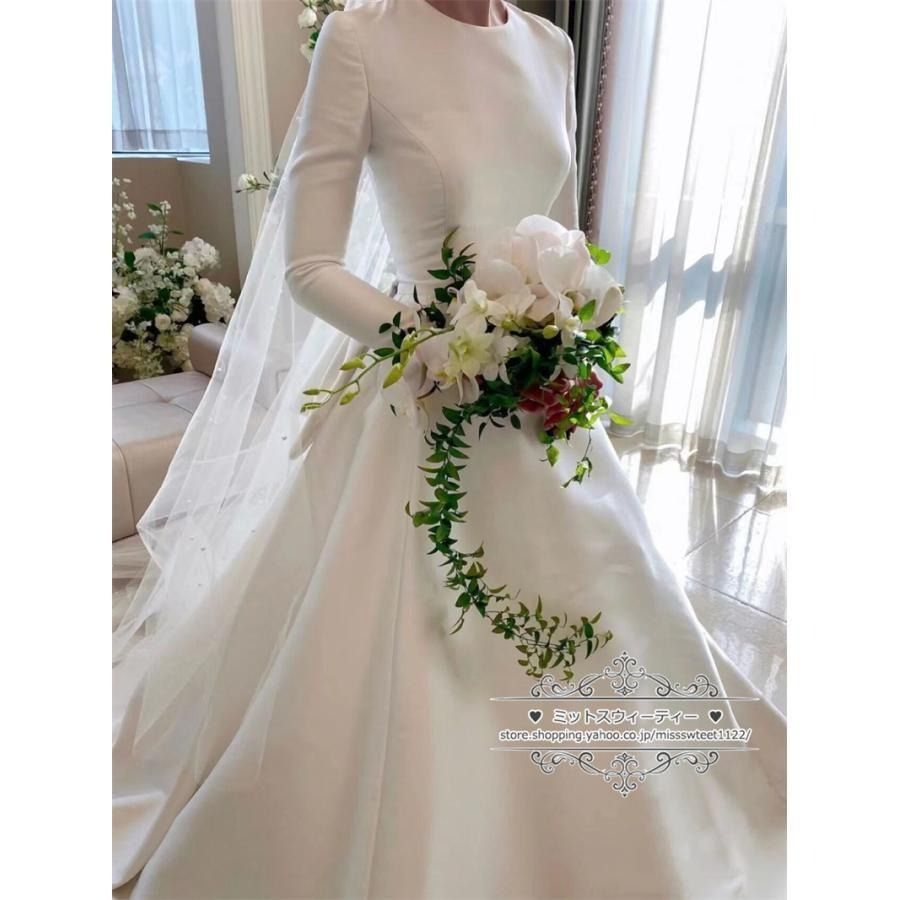 二次会 結婚式 ブライダル ロングドレス サテン 長袖 ラウンドネック シンプル 韓国風 前撮り 海外挙式 花嫁