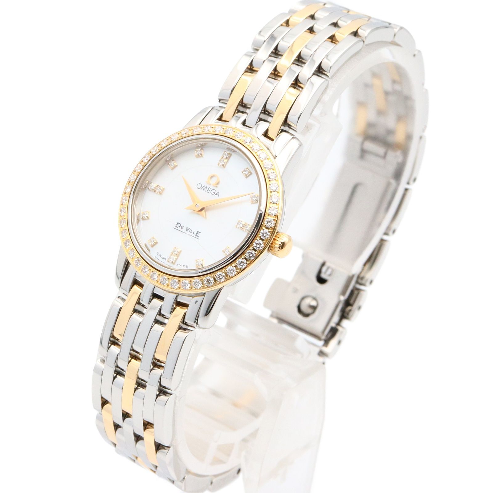 オメガ OMEGA 腕時計 デ ビル プレステージ ダイヤベゼル 4375.75 ホワイトシェル K18 イエローゴールド ステンレススチール デ ビル プレステージ ダイヤベゼル