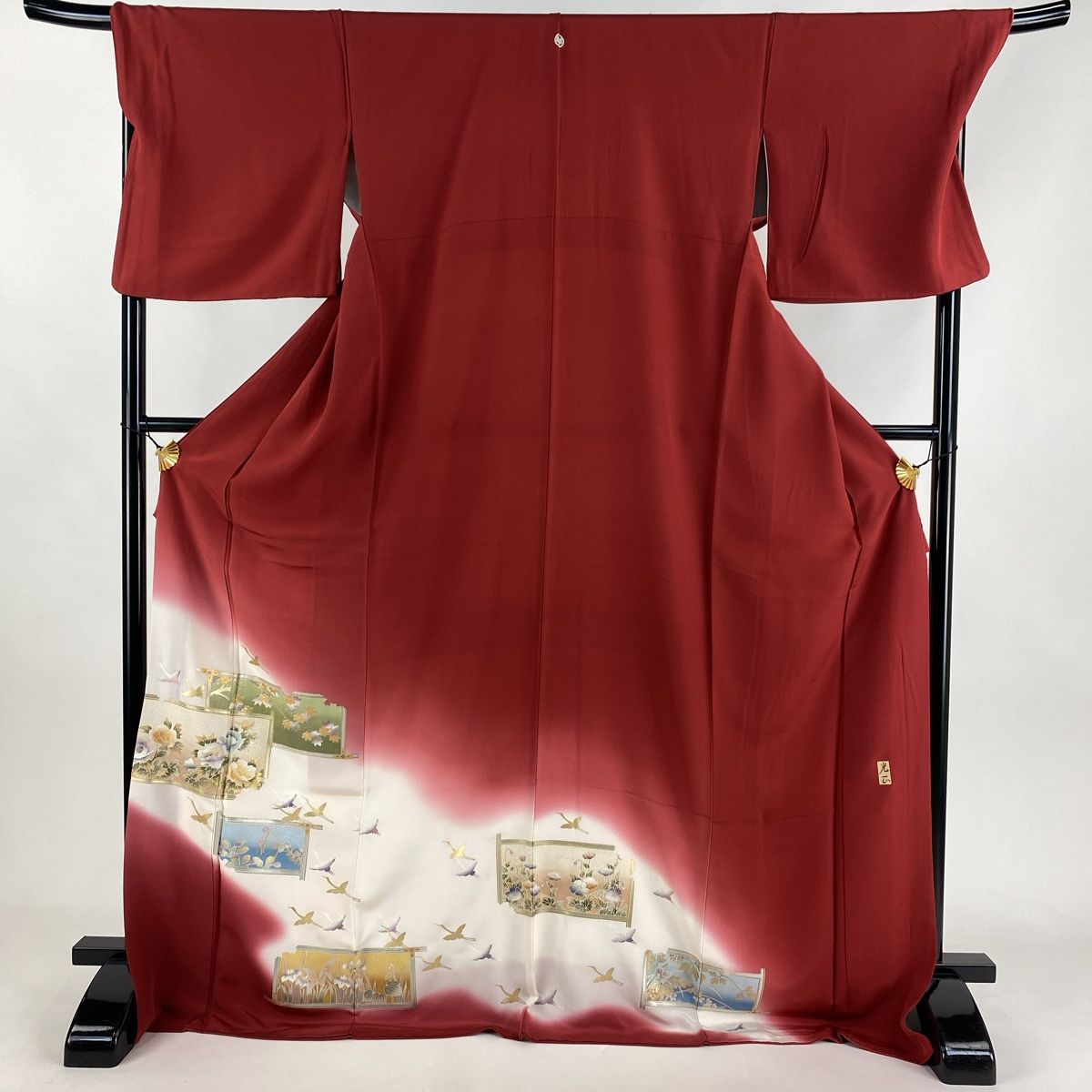 色留袖 身丈174cm 裄丈71cm L 袷 鶴 草花 茜色 正絹 名品 一つ紋