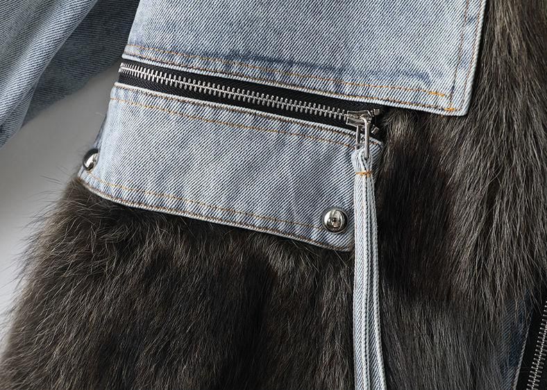 ラクーンファー付き デニム生地の中棉コート毛皮ファー