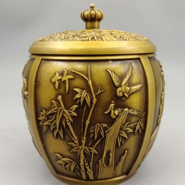 スペシャル特典 梅蘭竹菊銅缶 銅製 茶壺 工芸品 装飾品 博古架 香道具 茶道具 工芸品