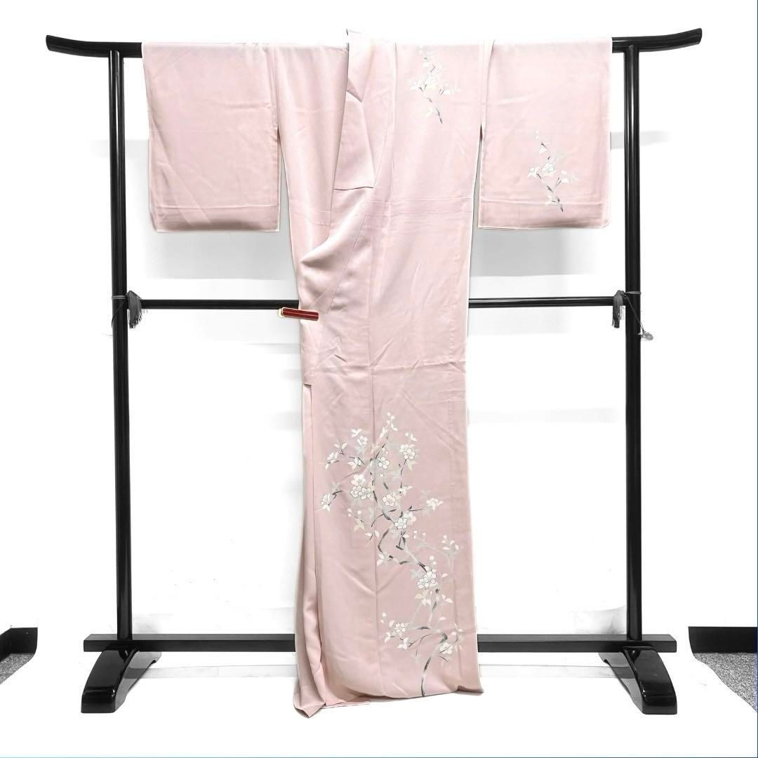 付け下げ 単衣 桜 金彩 杉綾地紋 リーフ 紋無し着物 062a d