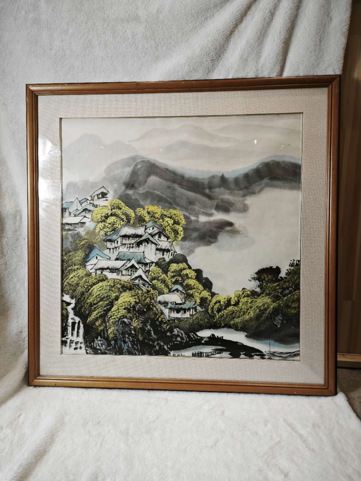 水墨画 黄葉と山里 中国 墨彩山水画 古民家 和風 額装