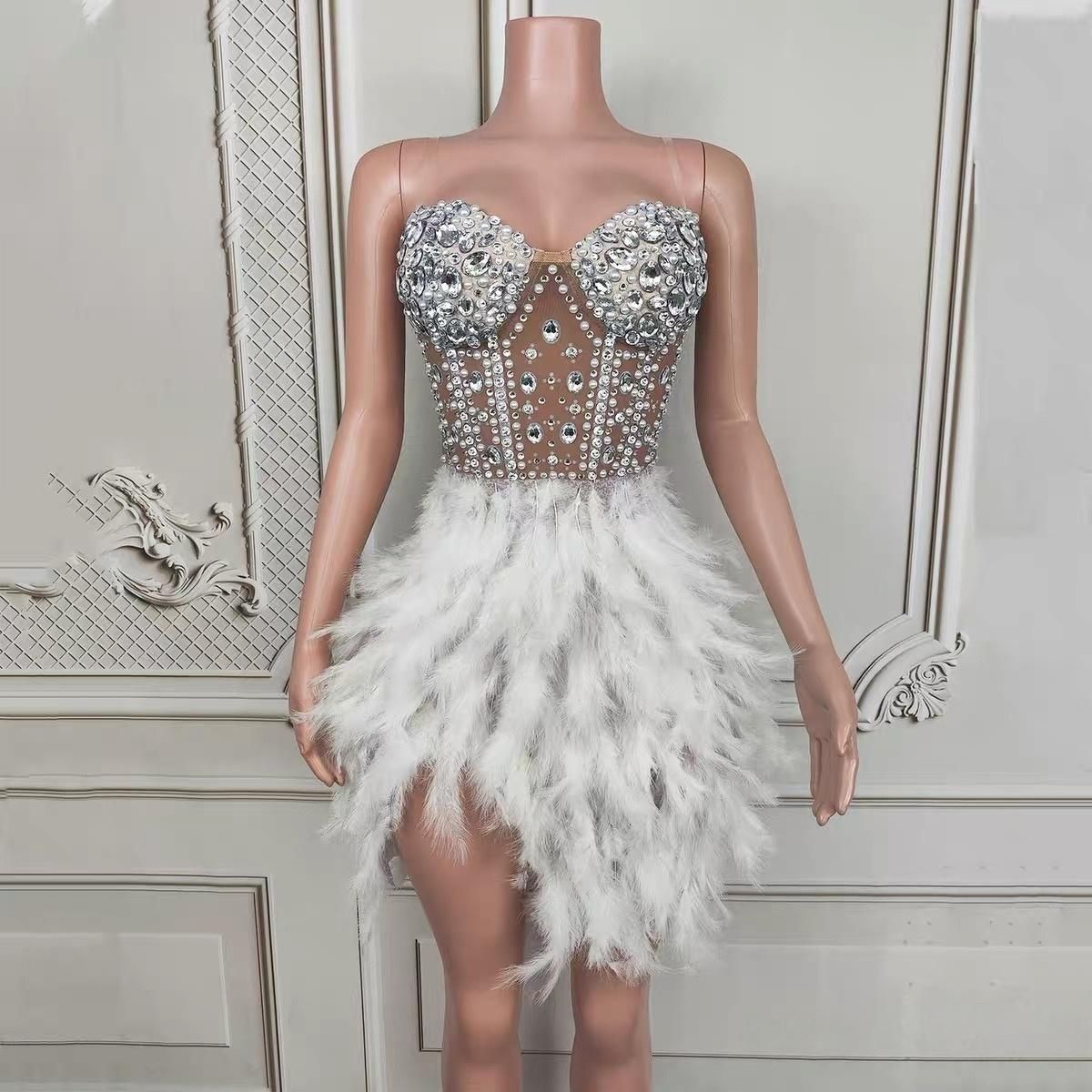 社交ダンスドレス ベリーダンス衣装 フェザーヘム＆スパンコール ミニドレス｜リゾート パーティー用 羽根 4 選択 USTAUSTRALIA_COM_AU