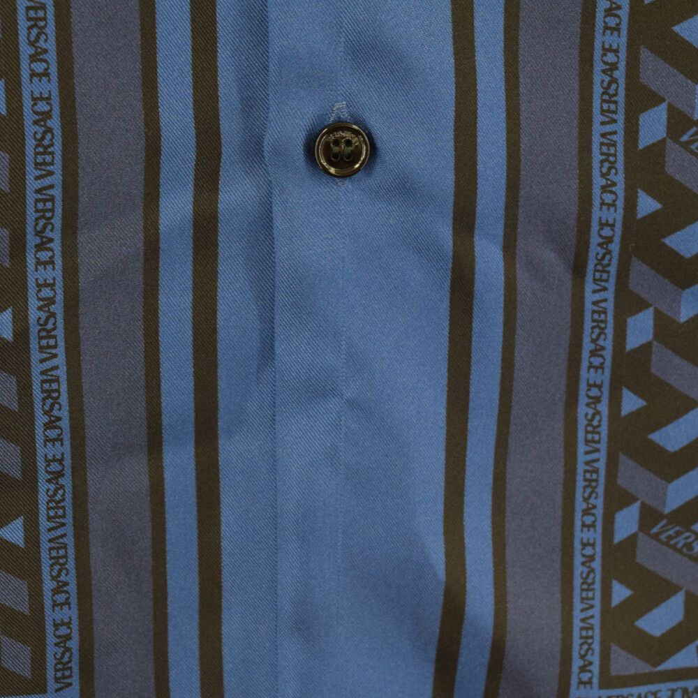 FENDI フェンディ 21AW×VERSACE La Greca Medusa Smiley Silk Shirt ヴェルサーチ エルエーグレカメデューサスマイリー バックロゴ総柄 シルク 長袖シャツ ブルー A84050