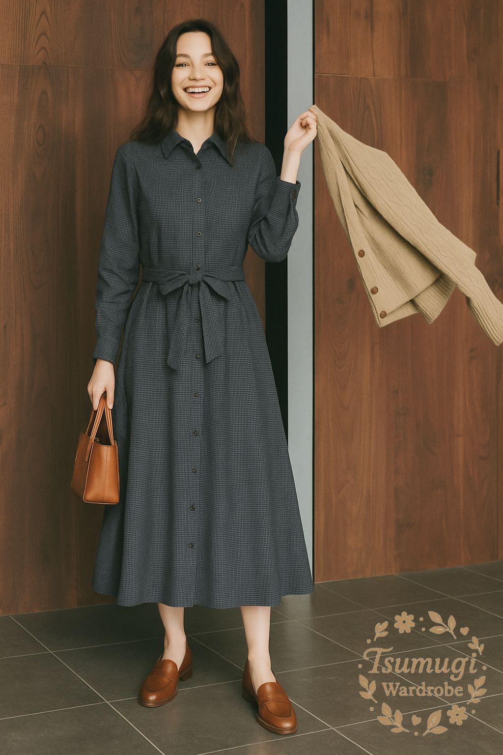 POLO RALPH LAUREN ポロラルフローレン 中村アンさん着用 千鳥柄 フランネル ベルト シャツワンピース グレー