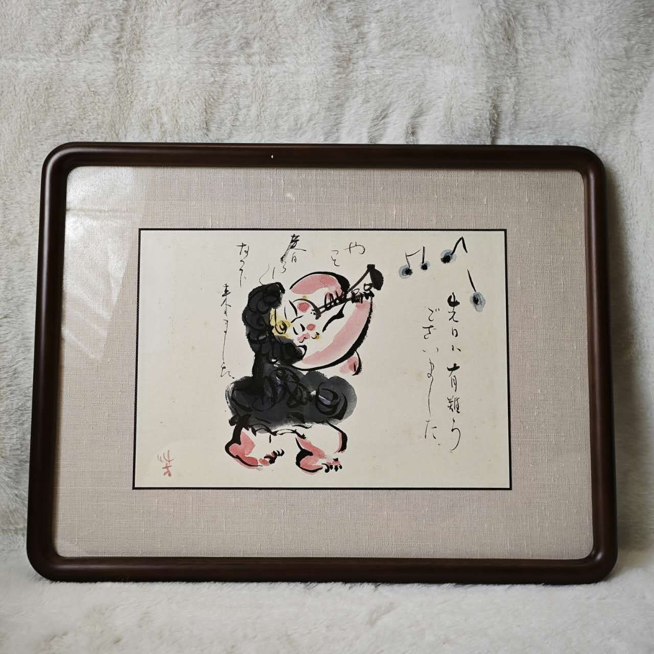 水墨画|額装 横笛を吹くふくよかな童子 ユーモラスな墨彩画|和モダン