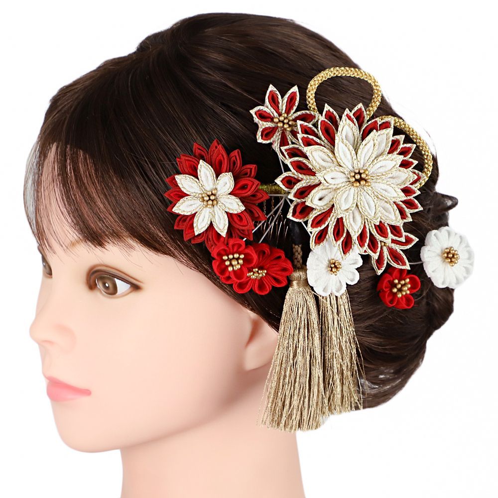 髪飾り 成人式 つまみ細工 振袖 前撮り 袴 花 3点セット 赤 白 ゴールド ちりめん 剣つまみ 房 組紐 和柄 小さい コーム Uピン No.12-0888