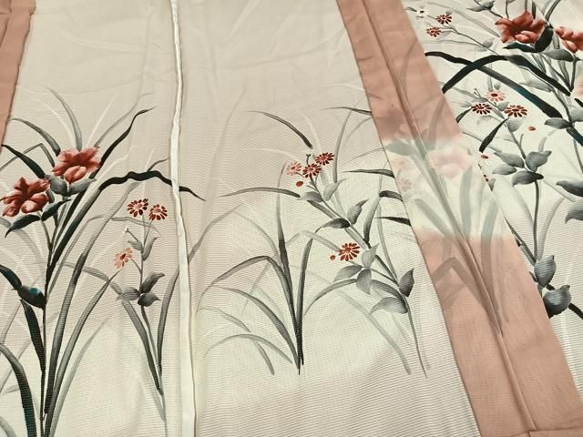 平和屋着物▽訪問着　無双　紗袷　紗×絽　手描き　草花文　正絹　逸品　AAAW7915fy 平和屋着物▽訪問着 無双 紗袷 紗×絽 手描き 草花文 正絹 逸品